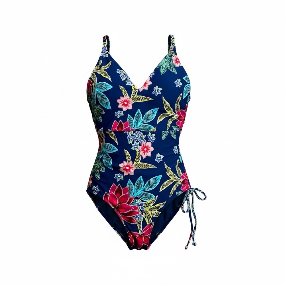 Sun Lab Swim Atlantic Blue Floral One Piece Swimsuit Side Tie V-Neck SS00048‎ S